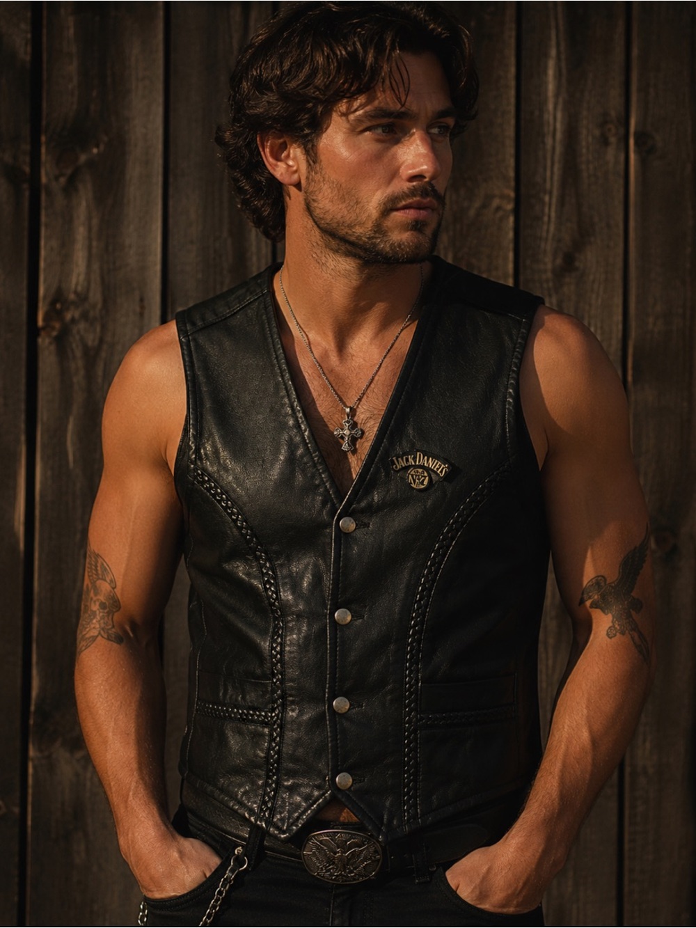 Vintage First Manufacturing Co. Black Leather Biker Vest Jack Daniel’s Patch - L